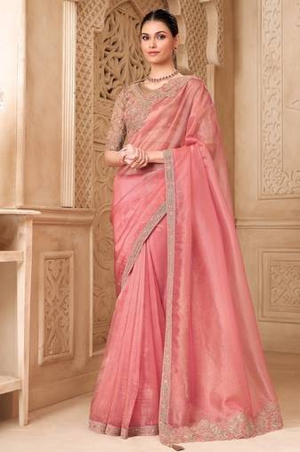 peach  tissue oraganza sequince & resham work satin silk blend designer blouse party wear saree