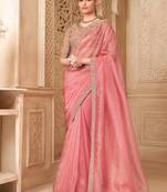 peach  tissue oraganza sequince & resham work satin silk blend designer blouse party wear saree