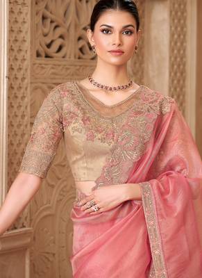 peach  tissue oraganza sequince & resham work satin silk blend designer blouse party wear saree 2