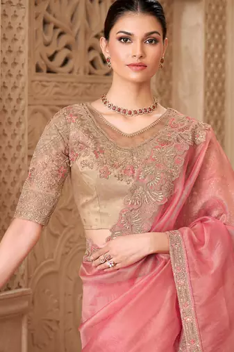 peach  tissue oraganza sequince & resham work satin silk blend designer blouse party wear saree