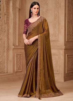 dark golden satin georgette brocade silk blend with net designer blouse party wear saree 1