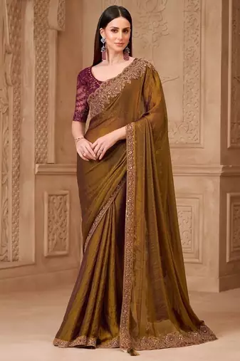 dark golden satin georgette brocade silk blend with net designer blouse party wear saree