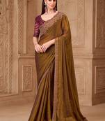 dark golden satin georgette brocade silk blend with net designer blouse party wear saree