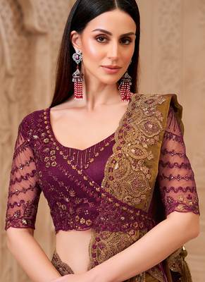 dark golden satin georgette brocade silk blend with net designer blouse party wear saree 2