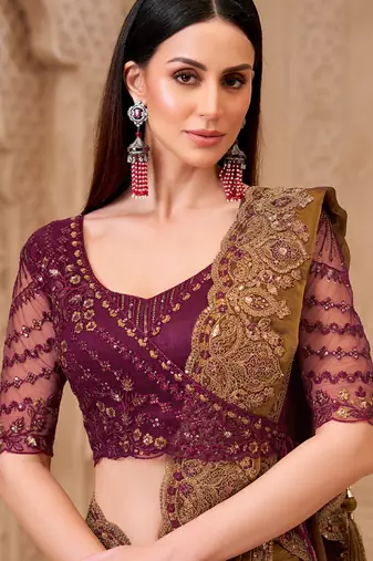 dark golden satin georgette brocade silk blend with net designer blouse party wear saree