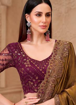 dark golden satin georgette brocade silk blend with net designer blouse party wear saree 3
