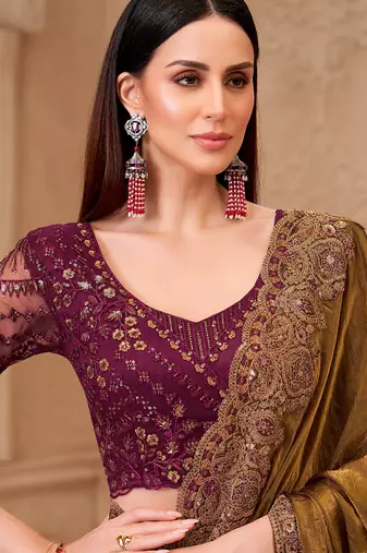 dark golden satin georgette brocade silk blend with net designer blouse party wear saree