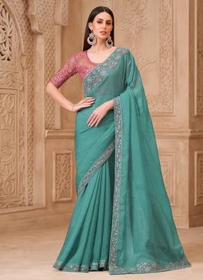 turquoise crush satin georgette sequince & thread work tussar silk blend with net designer blouse party wear saree 1