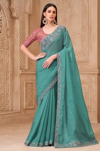 turquoise crush satin georgette sequince & thread work tussar silk blend with net designer blouse party wear saree