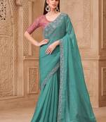 turquoise crush satin georgette sequince & thread work tussar silk blend with net designer blouse party wear saree