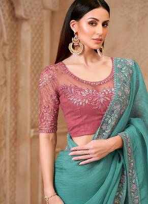 turquoise crush satin georgette sequince & thread work tussar silk blend with net designer blouse party wear saree 2