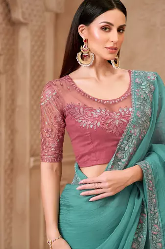 turquoise crush satin georgette sequince & thread work tussar silk blend with net designer blouse party wear saree