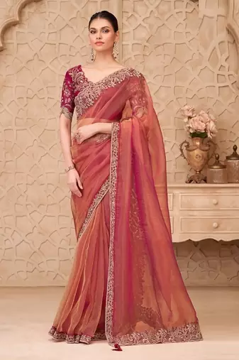 salmon tissue oraganza sequince & thread work satin silk blend designer blouse party wear saree