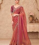 salmon tissue oraganza sequince & thread work satin silk blend designer blouse party wear saree