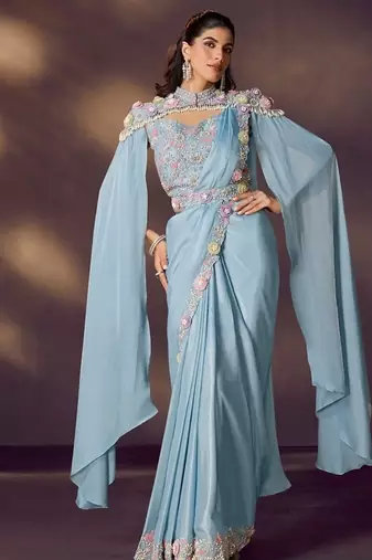sky blue satin silk blend sequince embroidrey, stone & pearl handwork with designer blouse , cape, belt party wear saree