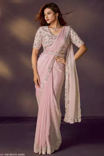 baby pink satin silk blend dual sequins embroidery, mirror, pearl handwork with designer blouse & belt party wear saree