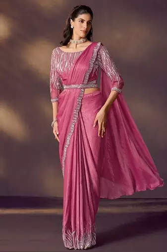 onion pink crush satin silk blend sequins, dual beads embellishment work with designer blouse & belt ready to wear saree