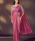 onion pink crush satin silk blend sequins, dual beads embellishment work with designer blouse & belt ready to wear saree