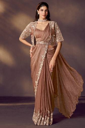 brown satin silk blend sequins embroidery, stone, pearl embellishment work with blouse, jacket, belt ready to wear saree