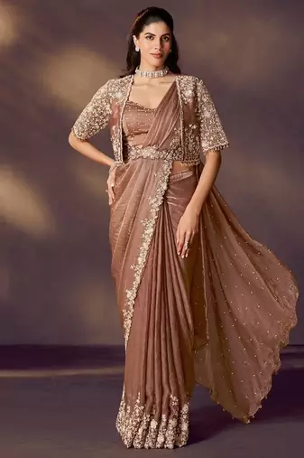 brown satin silk blend sequins embroidery, stone, pearl embellishment work with blouse, jacket, belt ready to wear saree