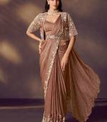 brown satin silk blend sequins embroidery, stone, pearl embellishment work with blouse, jacket, belt ready to wear saree