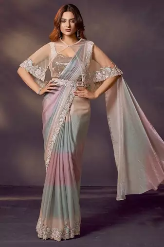 Multi satin silk dual sequins, embroidery, stone handwork with blouse &  poncho, belt designer ready to wear saree