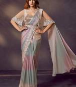 Multi satin silk dual sequins, embroidery, stone handwork with blouse &  poncho, belt designer ready to wear saree