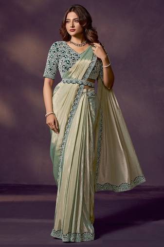pista green soft silk blend dual beads embellished, stone, handwork with blouse, belt deisgner ready to wear saree