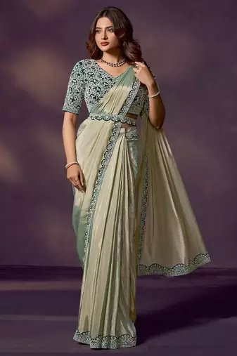 pista green soft silk blend dual beads embellished, stone, handwork with blouse, belt deisgner ready to wear saree
