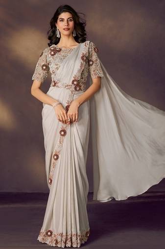 Off white two tone satin silk beads embellished, stone, applique work with designer blouse & belt ready to wear saree