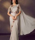 Off white two tone satin silk beads embellished, stone, applique work with designer blouse & belt ready to wear saree