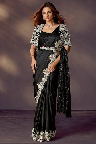 Black soft satin silk mirror, stone, handwork, scallop embroidery with blouse, jacket, belt designer ready to wear saree