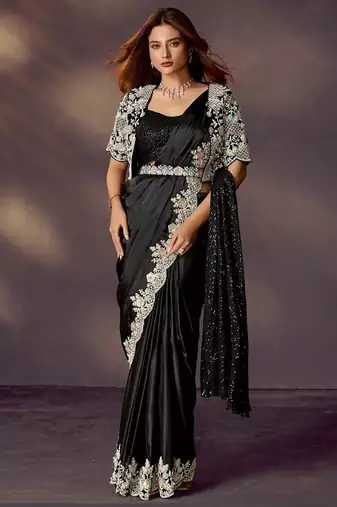 Black soft satin silk mirror, stone, handwork, scallop embroidery with blouse, jacket, belt designer ready to wear saree