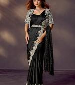 Black soft satin silk mirror, stone, handwork, scallop embroidery with blouse, jacket, belt designer ready to wear saree
