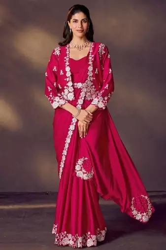 Rani soft satin silk dual sequins stone handwork with blouse, jacket, belt designer ready to wear saree