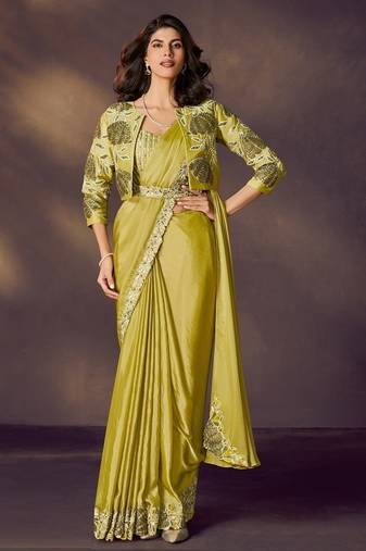 Lemon satin silk sequins embroidery, stone, applique handwork with blouse, jacket, belt designer ready to wear saree