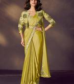Lemon satin silk sequins embroidery, stone, applique handwork with blouse, jacket, belt designer ready to wear saree