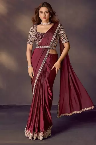 maroon soft silk blend dual sequins embroidery, pearl, stone handwork with blouse & belt designer party wear saree