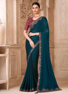 peacock blue satin silk blend sequince & resham work tussar silk blend designer blouse party wear saree 1