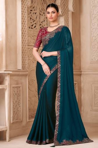 peacock blue satin silk blend sequince & resham work tussar silk blend designer blouse party wear saree