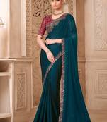 peacock blue satin silk blend sequince & resham work tussar silk blend designer blouse party wear saree