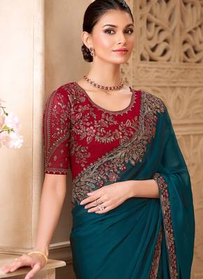 peacock blue satin silk blend sequince & resham work tussar silk blend designer blouse party wear saree 2