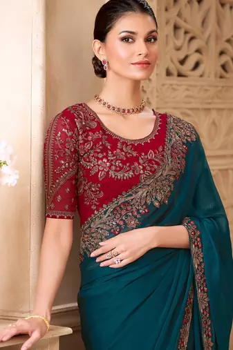 peacock blue satin silk blend sequince & resham work tussar silk blend designer blouse party wear saree