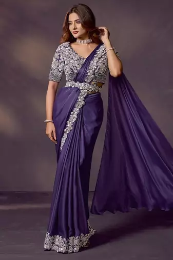 purple satin silk blend dual sequins embroidery, pearl, stone, handwork with blouse, belt designer ready to wear saree