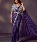 purple satin silk blend dual sequins embroidery, pearl, stone, handwork with blouse, belt designer ready to wear saree