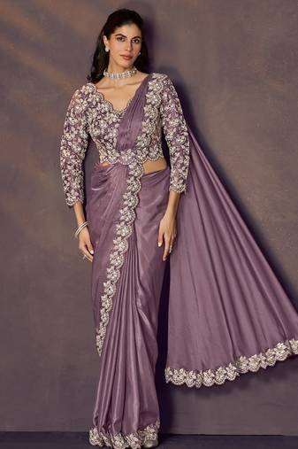 Mauve satin silk scallop sequins embroidery, multi stone embellishment with desigenr blouse & belt ready to wear saree