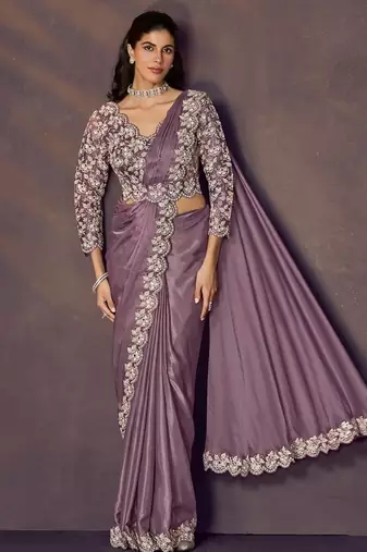 Mauve satin silk scallop sequins embroidery, multi stone embellishment with desigenr blouse & belt ready to wear saree