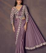 Mauve satin silk scallop sequins embroidery, multi stone embellishment with desigenr blouse & belt ready to wear saree