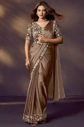 coffee soft silk blend sequins embroidery, stone, applique handwork with designer blouse & belt ready to wear saree