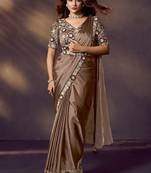 coffee soft silk blend sequins embroidery, stone, applique handwork with designer blouse & belt ready to wear saree